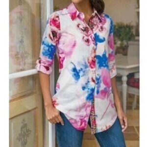 Soft Surroundings Aquarelle watercolor floral embroidered abstract shirt blouse